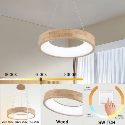 Brilagi - Κρεμαστό LED φωτιστικό σε σύρμα FALCON WOOD LED/30W/230V 3000/4000/6000K διάμ. 45 cm ξύλινο