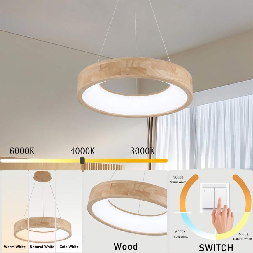 Brilagi - Κρεμαστό LED φωτιστικό σε σύρμα FALCON WOOD LED/30W/230V 3000/4000/6000K διάμ. 45 cm ξύλινο