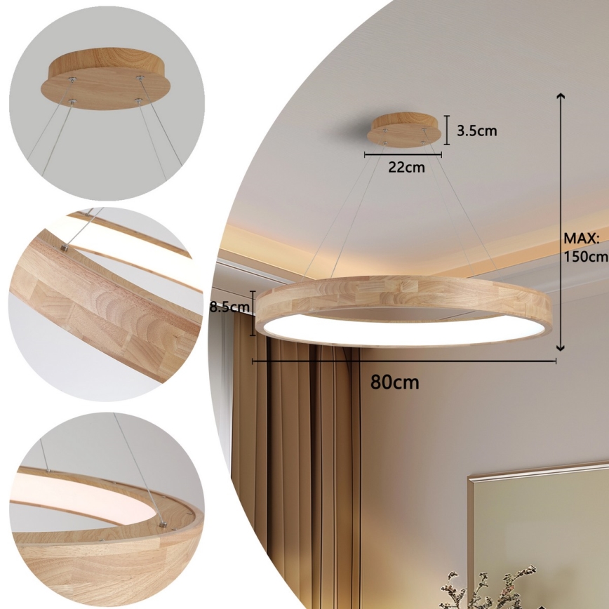 Brilagi - Κρεμαστό LED φωτιστικό με καλώδιο FALCON WOOD LED/60W/230V 3000/4000/6000K διάμ. 80 cm, ξύλινο