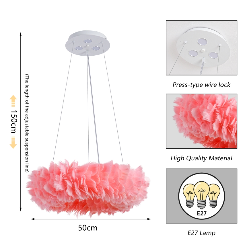 Brilagi - LED κρεμαστό φωτιστικό με καλώδιο FEATHER 3xE27/40W/230V + 3xLED/3W Ø 50 cm ροζ