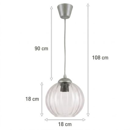 Brilagi - LED κρεμαστό φωτιστικό με καλώδιο RETRO GLASS 1xE27/60W/230V διάμ. 18 cm ασημί/διάφανο