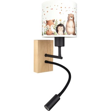 Brilagi - LED παιδικό εύκαμπτο επιτοίχιο φωτιστικό BOBO WOOD 1xE27/25W/230V + LED/3W δρυς/μαύρο/λευκό/με σχέδια ζώων