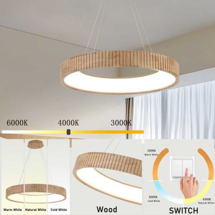 Brilagi - Κρεμαστό φωτιστικό σε καλώδιο FALCON WOOD MODERN LED/40W/230V 3000/4000/6000K διάμ. 60 εκ., ξύλινο