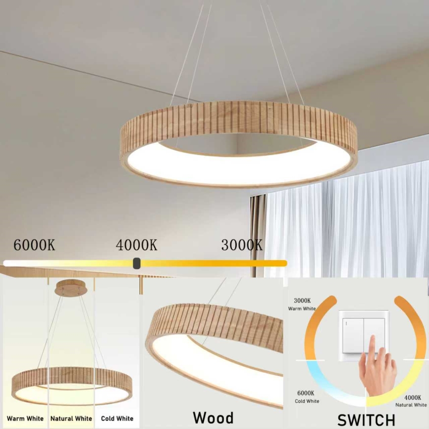 Brilagi - Κρεμαστό φωτιστικό σε καλώδιο FALCON WOOD MODERN LED/40W/230V 3000/4000/6000K διάμ. 60 εκ., ξύλινο
