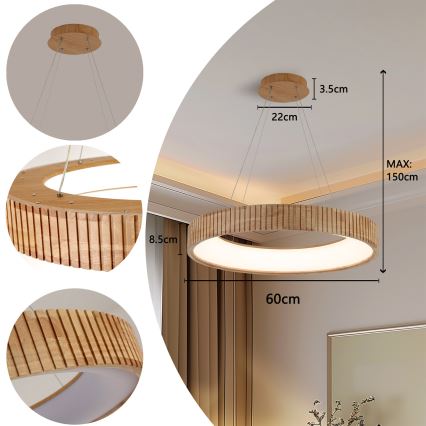 Brilagi - Κρεμαστό φωτιστικό σε καλώδιο FALCON WOOD MODERN LED/40W/230V 3000/4000/6000K διάμ. 60 εκ., ξύλινο
