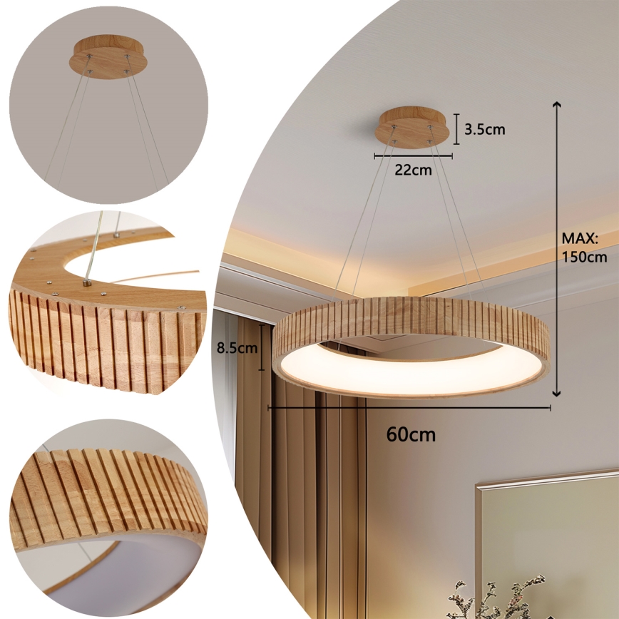 Brilagi - Κρεμαστό φωτιστικό σε καλώδιο FALCON WOOD MODERN LED/40W/230V 3000/4000/6000K διάμ. 60 εκ., ξύλινο