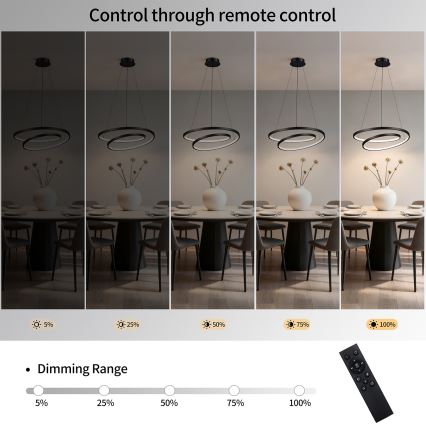 Brilagi - LED ρυθμιζόμενο κρεμαστό φωτιστικό με καλώδιο TWISTER LED/48W/230V 3000-6000K διάμ. 50 cm μαύρο + τηλεχειριστήριο