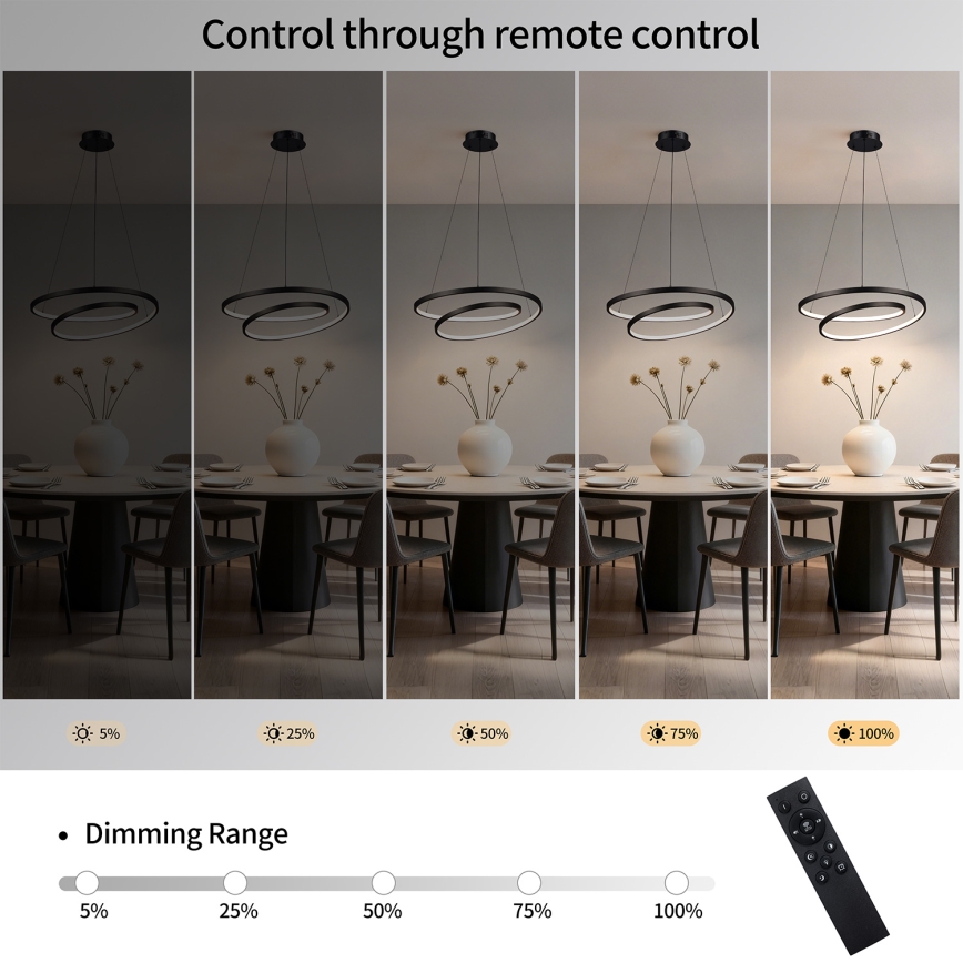 Brilagi - LED ρυθμιζόμενο κρεμαστό φωτιστικό με καλώδιο TWISTER LED/48W/230V 3000-6000K διάμ. 50 cm μαύρο + τηλεχειριστήριο