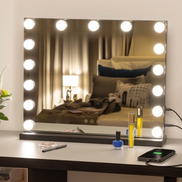 BRILAGI - LED Ρυθμιζόμενος καθρέφτης για μακιγιάζ HOLLYWOOD LED/15W/230V CCT + USB μαύρος