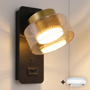 Brilagi - LED RGB+CCT ρυθμιζόμενο επιτοίχιο φωτιστικό με θύρα USB AURA LUX 1xGX53/14W/230V 2700-6500K Wi-Fi Tuya μαύρο/χρυσό