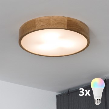 Brilagi - LED RGBW ρυθμιζόμενο φωτιστικό οροφής CARVALHO 3xE27/9W/230V 2700-6500K Wi-Fi, φινίρισμα δρυός, διάμ. 47,5 cm