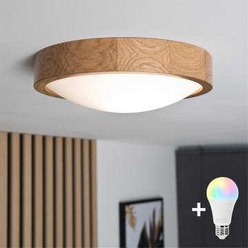 Brilagi - LED RGBW Ρυθμιζόμενο φωτιστικό οροφής CARVALHO SLIM 1xE27/9W/230V 2700-6500K Wi-Fi, φινίρισμα δρυός, διάμ. 27 εκ.