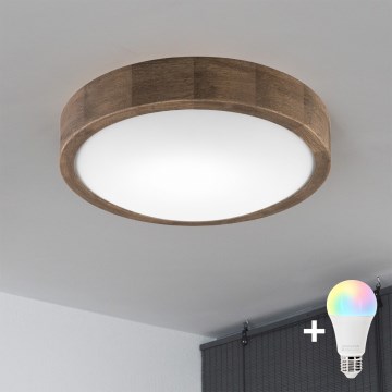 Brilagi - LED RGBW Ρυθμιζόμενο φωτιστικό οροφής CARVALHO SLIM 1xE27/9W/230V 2700-6500K Wi-Fi σε απόχρωση δρυός Ø 27 cm