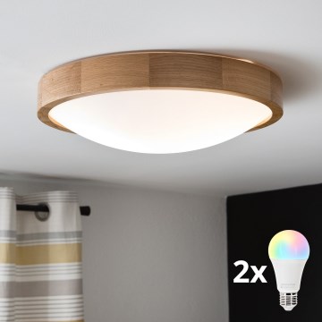 Brilagi - LED RGBW Ρυθμιζόμενο φωτιστικό οροφής CARVALHO SLIM 2xE27/9W/230V 2700-6500K Wi-Fi φινίρισμα δρυός Ø 37 cm