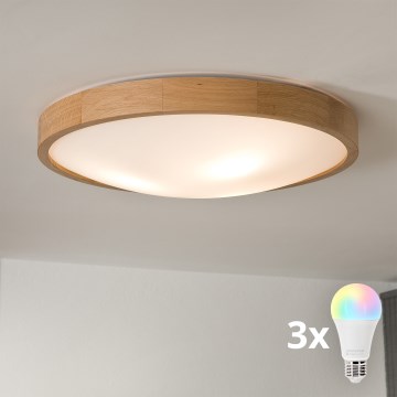 Brilagi - LED RGBW ρυθμιζόμενο φωτιστικό οροφής CARVALHO SLIM 3xE27/15W/230V 2700-6500K Wi-Fi σε φινίρισμα δρυός, διάμ. 47 cm