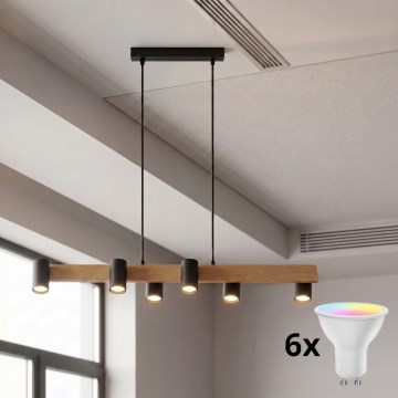 Brilagi - LED RGBW Ρυθμιζόμενο κρεμαστό φωτιστικό σε καλώδιο SELE 6xGU10/6,5W/230V 2700-6500K μαύρο/φινίρισμα δρυός + τηλεχειριστήριο