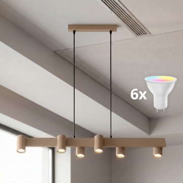 Brilagi - LED RGBW Ρυθμιζόμενο κρεμαστό φωτιστικό με αναρτώμενο καλώδιο SELE 6xGU10/6,5W/230V 2700-6500K μπεζ + τηλεχειριστήριο