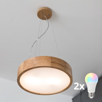 Brilagi - LED RGBW ρυθμιζόμενο κρεμαστό φωτιστικό με καλώδιο ανάρτησης CARVALHO 2xE27/9W/230V 2700-6500K Wi-Fi σε απόχρωση δρυός, διάμ. 37 εκ.