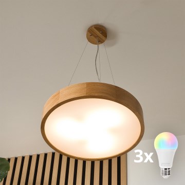 Brilagi - LED RGBW Ρυθμιζόμενο κρεμαστό φωτιστικό με καλώδιο CARVALHO 3xE27/9W/230V 2700-6500K Wi‑Fi σε απόχρωση δρυός, διάμ. 47,5 εκ.