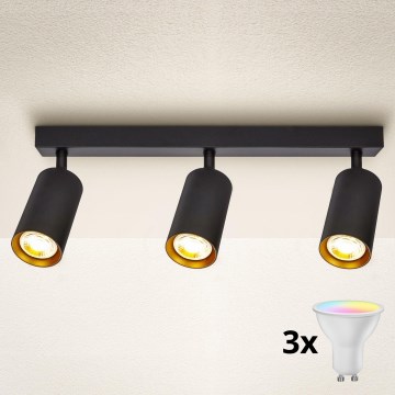 Brilagi - LED RGBW ρυθμιζόμενο σποτ φωτιστικό SELE 3xGU10/4,8W/230V 3000K μαύρο/χρυσό + τηλεχειριστήριο