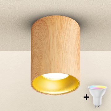 Brilagi - LED RGBW ρυθμιζόμενο σποτ TRINE 1xGU10/4,8W/230V 3000K σε απόχρωση δρυός + τηλεχειριστήριο