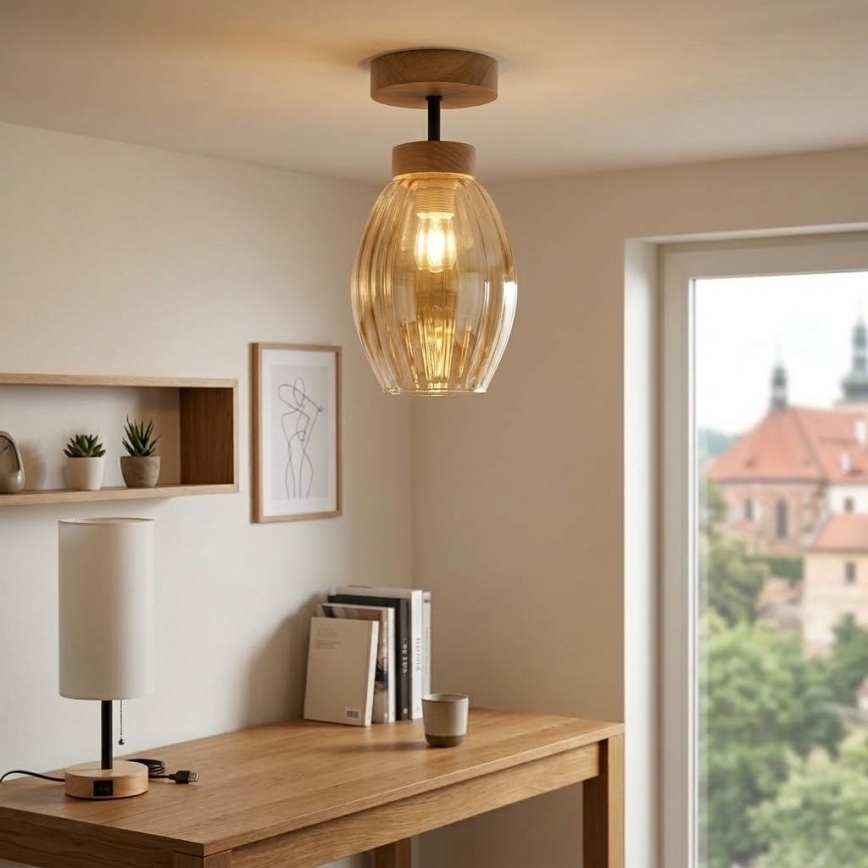 BRILAGI - LED Επιφανειακό φωτιστικό οροφής RETRO GLASS 1xE27/60W/230V Ø 17 cm δρυς/καπνιστό μπεζ