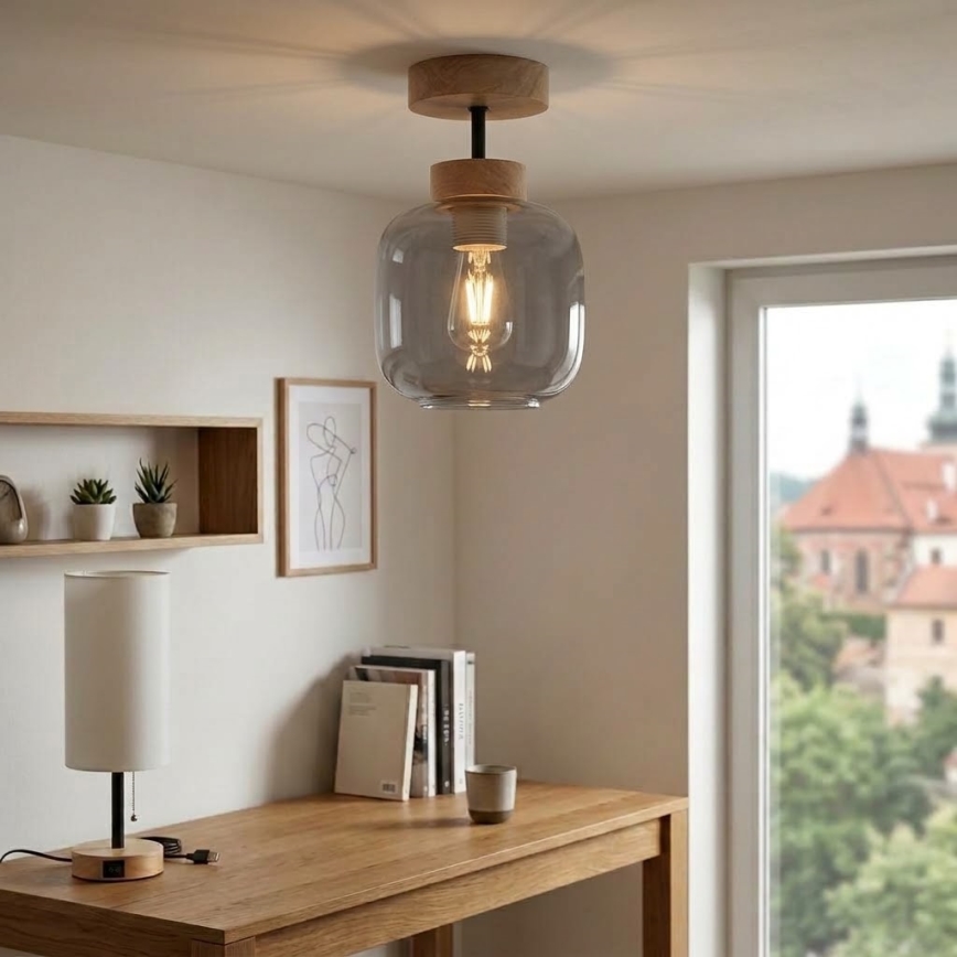 BRILAGI - LED Επιφανειακός πολυέλαιος RETRO GLASS 1xE27/60W/230V Ø 14 cm δρυς/καπνιστό γκρι