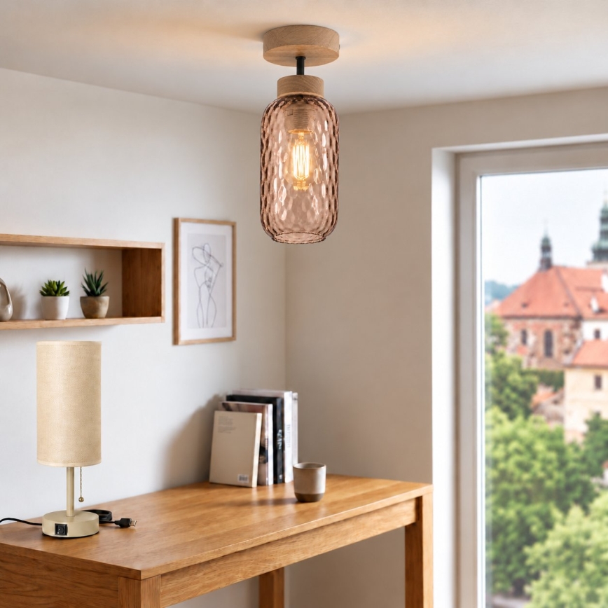 BRILAGI - LED επιφανειακό φωτιστικό οροφής RETRO GLASS 1xE27/60W/230V Ø 14 εκ. δρυς/καπνιστό καφέ