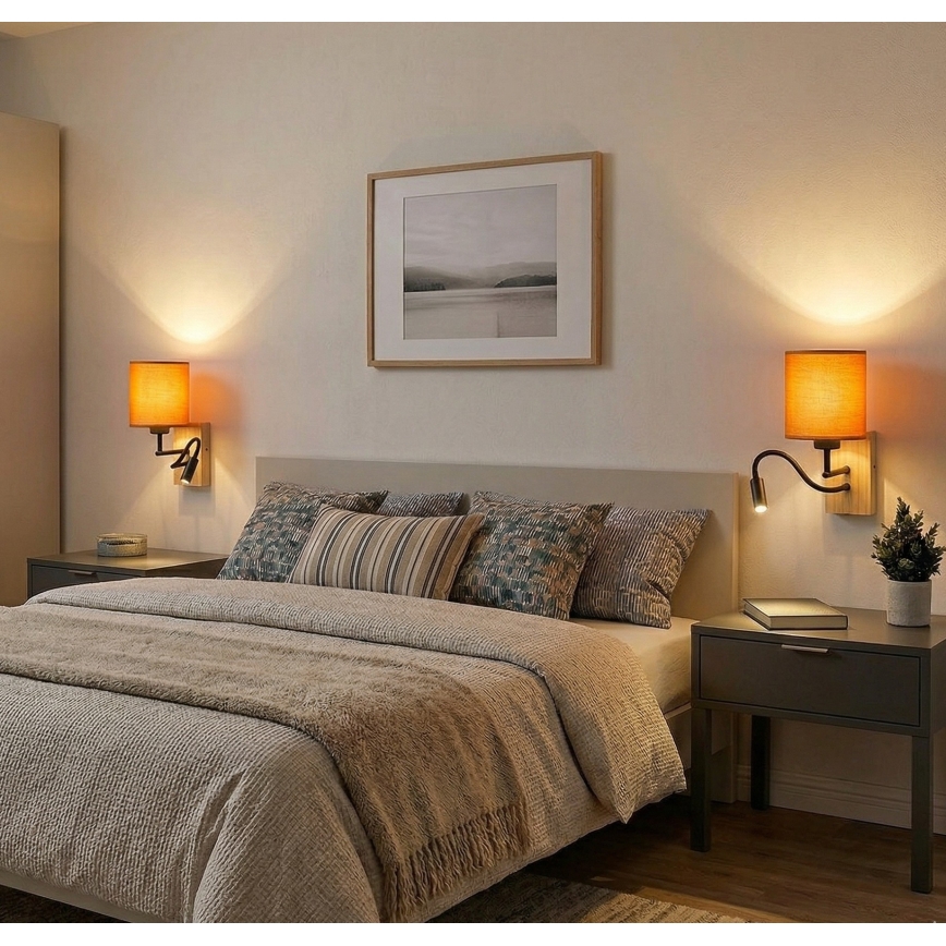 Brilagi - Ευέλικτη επιτοίχια λάμπα LED NUBILA WOOD 1xE27/25W/230V + LED/3W δρυς/μαύρο/πορτοκαλί