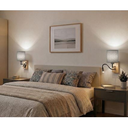 Brilagi - LED ευλύγιστο επιτοίχιο φωτιστικό NUBILA WOOD 1xE27/25W/230V + LED/3W δρυς/λευκό/ανοιχτό γκρι