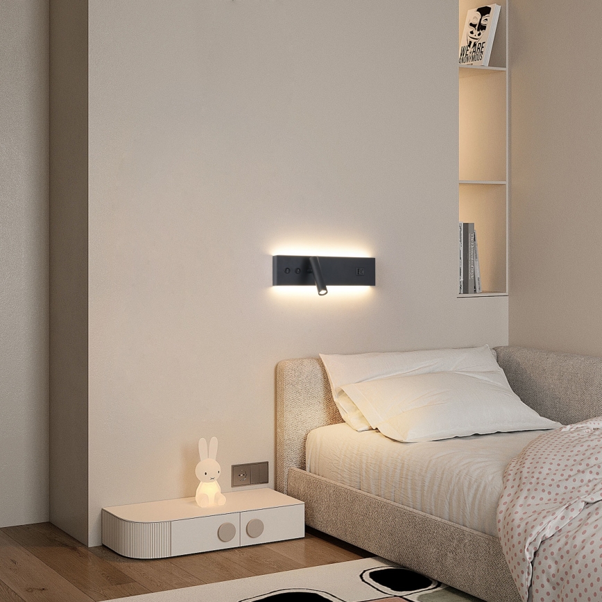 Brilagi - Επιτοίχιο LED σποτ με θύρα USB NOCTIS LED/3W/230V + LED/9W μαύρο