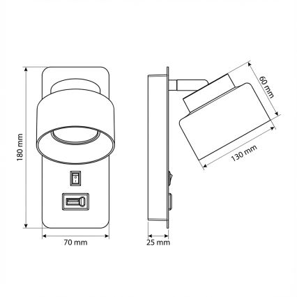 Brilagi - LED Επιτοίχιο φωτιστικό με θύρα USB AURA LUX 1xGX53/30W/230V μαύρο/φουμέ