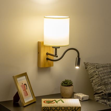 Brilagi - LED Εύκαμπτο φωτιστικό τοίχου NUBILA WOOD 1xE27/25W/230V + LED/3W δρυς/μαύρο/κρεμ