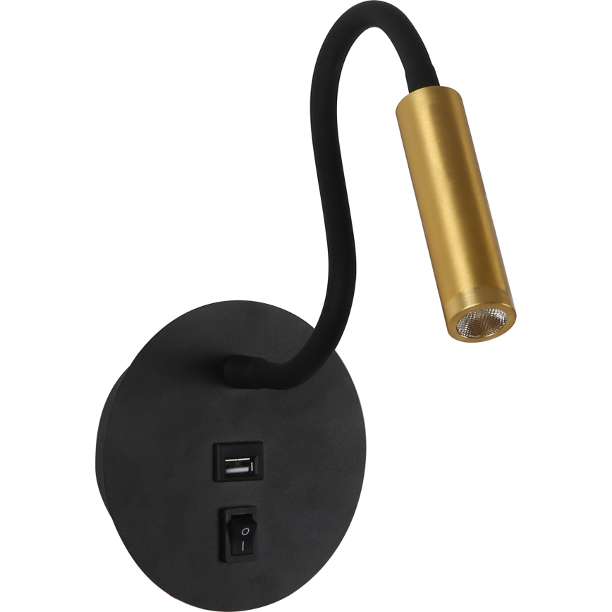Brilagi - LED Εύκαμπτο φωτιστικό τοίχου με θύρα USB MAYA LED/3W/230V 4000K μαύρο/χρυσό