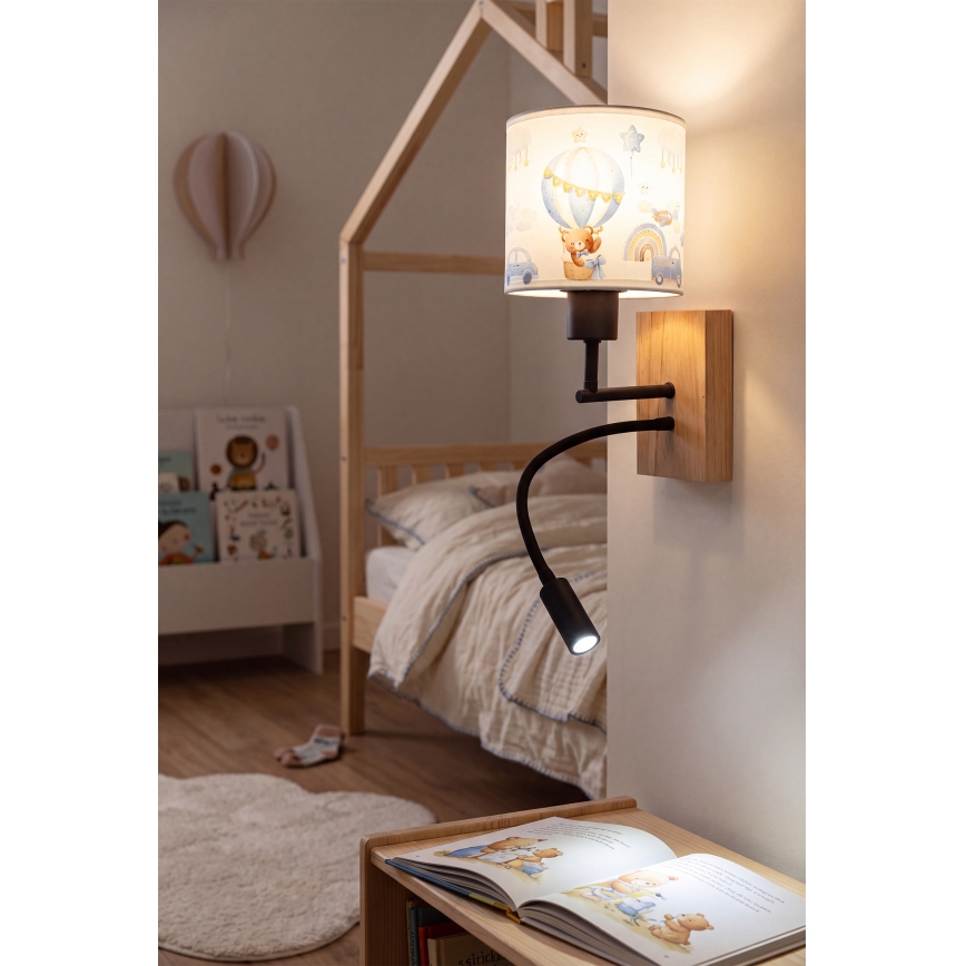 Brilagi - LED παιδικό ευέλικτο επιτοίχιο φωτιστικό BOBO WOOD 1xE27/25W/230V + LED/3W δρυς/μαύρο/λευκό/μπλε/με αρκουδάκια