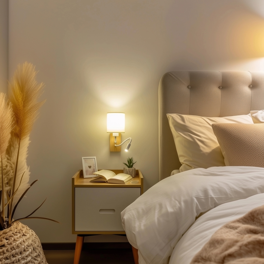 Brilagi - LED Εύκαμπτο φωτιστικό τοίχου NUBILA WOOD 1xE27/25W/230V + LED/3W δρυς/λευκό/κρεμ