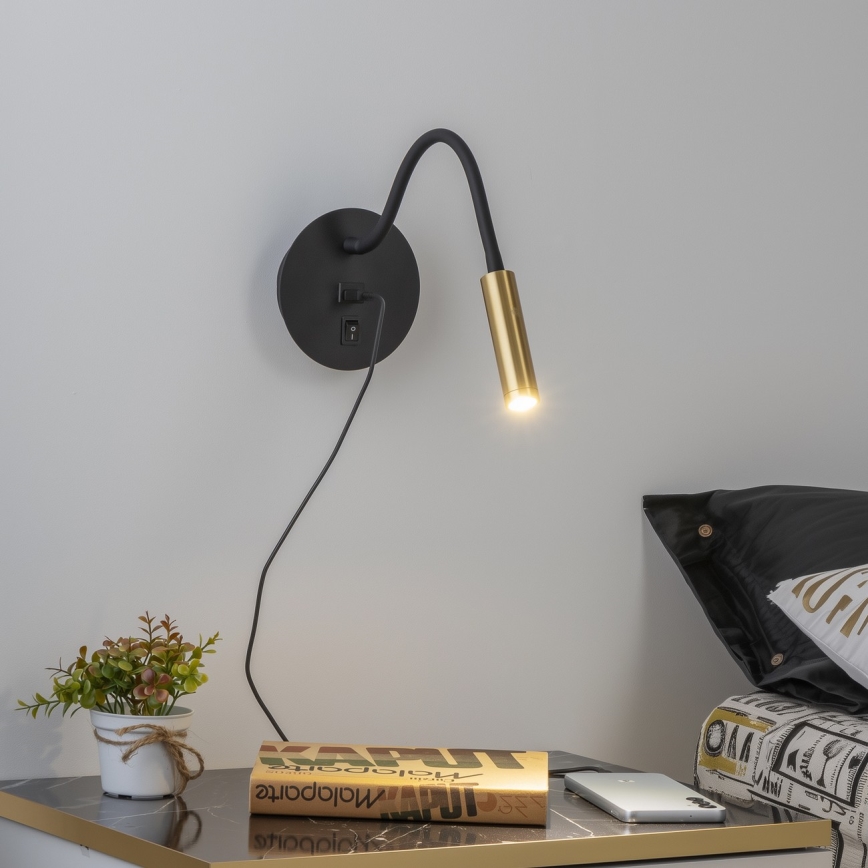 Brilagi - LED Εύκαμπτο φωτιστικό τοίχου με θύρα USB MAYA LED/3W/230V 4000K μαύρο/χρυσό