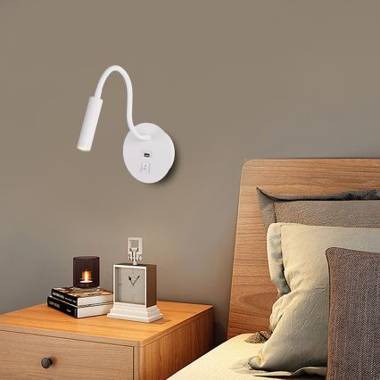 Brilagi - LED Εύκαμπτο φωτιστικό τοίχου με θύρα USB MAYA LED/3W/230V 4000K λευκό