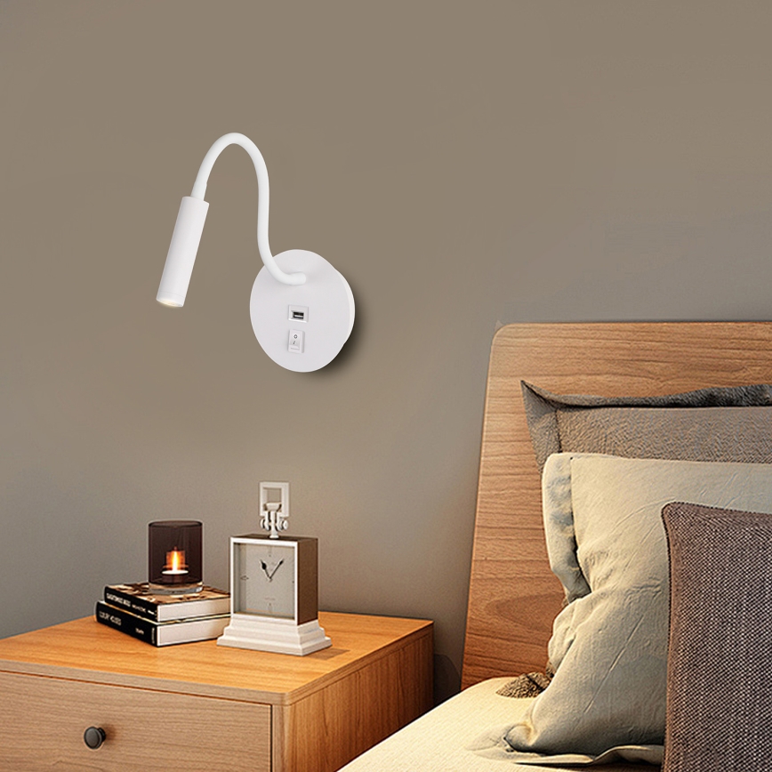 Brilagi - LED Εύκαμπτο φωτιστικό τοίχου με θύρα USB MAYA LED/3W/230V 4000K λευκό
