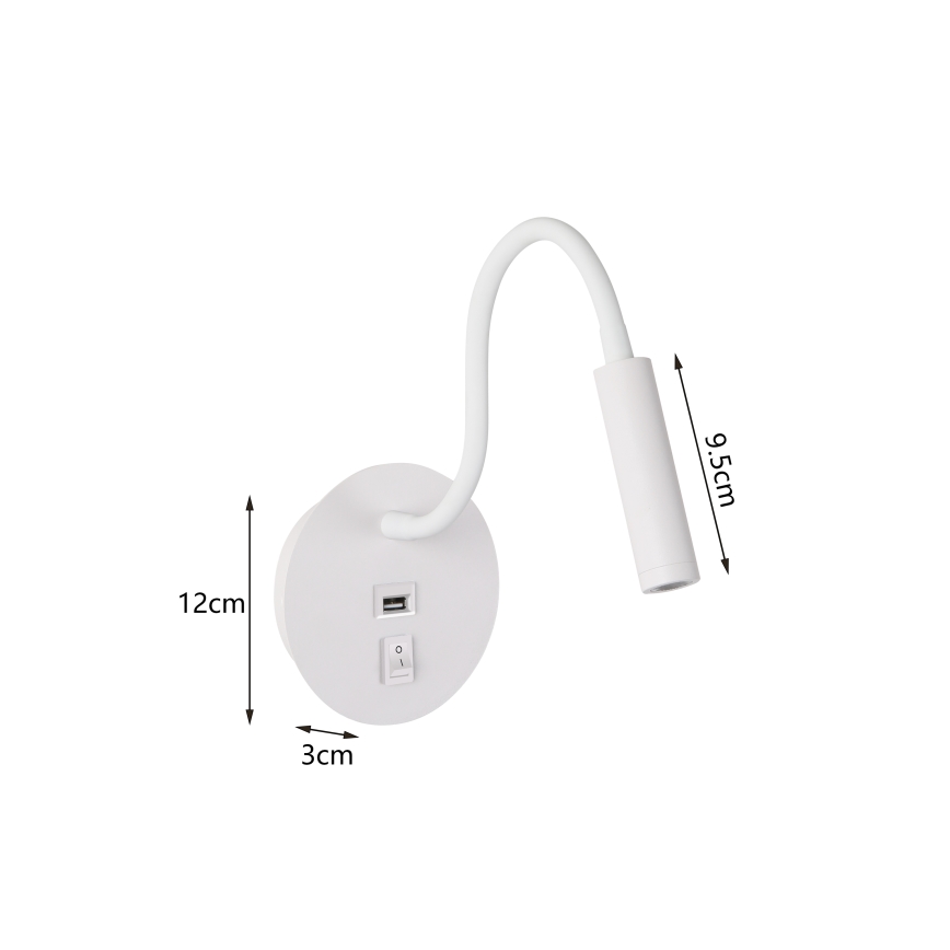 Brilagi - LED Εύκαμπτο φωτιστικό τοίχου με θύρα USB MAYA LED/3W/230V 4000K λευκό