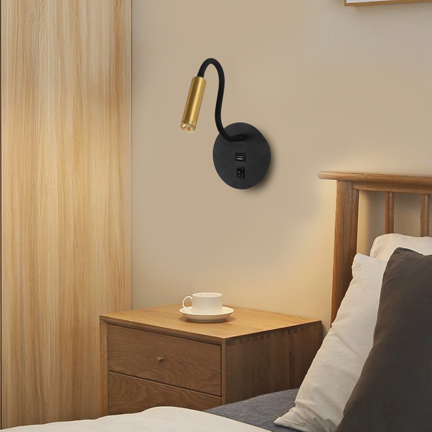 Brilagi - LED Εύκαμπτο φωτιστικό τοίχου με θύρα USB MAYA LED/3W/230V 4000K μαύρο/χρυσό