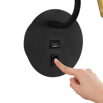 Brilagi - LED Εύκαμπτο φωτιστικό τοίχου με θύρα USB MAYA LED/3W/230V 4000K μαύρο/χρυσό