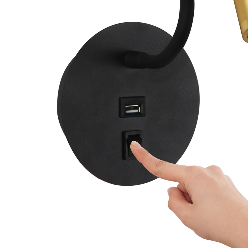 Brilagi - LED Εύκαμπτο φωτιστικό τοίχου με θύρα USB MAYA LED/3W/230V 4000K μαύρο/χρυσό