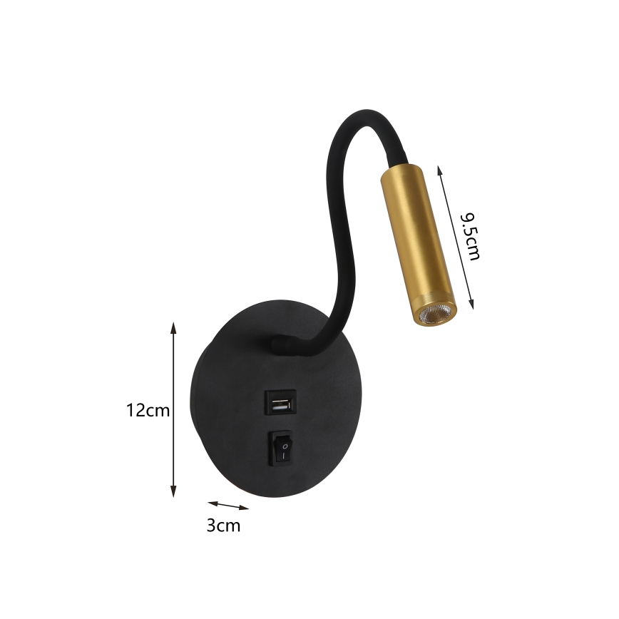 Brilagi - LED Εύκαμπτο φωτιστικό τοίχου με θύρα USB MAYA LED/3W/230V 4000K μαύρο/χρυσό