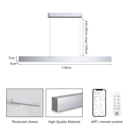 Brilagi - LED Ρυθμιζόμενο Φως με καλώδιο SLEEKLINE SMART LED/40W/230V 3000-6000K Wi-Fi Tuya ασημένιο + τηλεχειριστήριο