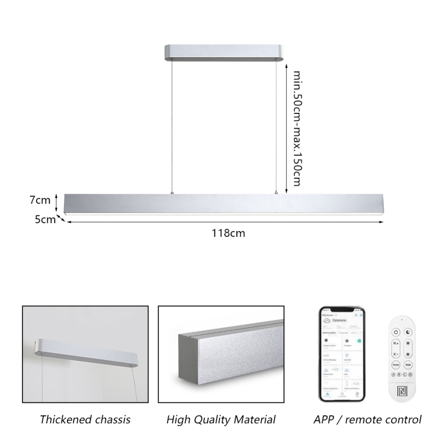Brilagi - LED Ρυθμιζόμενο Φως με καλώδιο SLEEKLINE SMART LED/40W/230V 3000-6000K Wi-Fi Tuya ασημένιο + τηλεχειριστήριο
