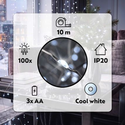 BRILAGI - LED χριστουγεννιάτικη γιρλάντα 100xLED/3xAA 10m ψυχρό λευκό