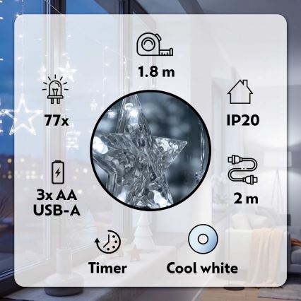 BRILAGI - LED Χριστουγεννιάτικο Κουρτινόφωτο 77xLED/3xAA/USB 1,8μ ψυχρό λευκό