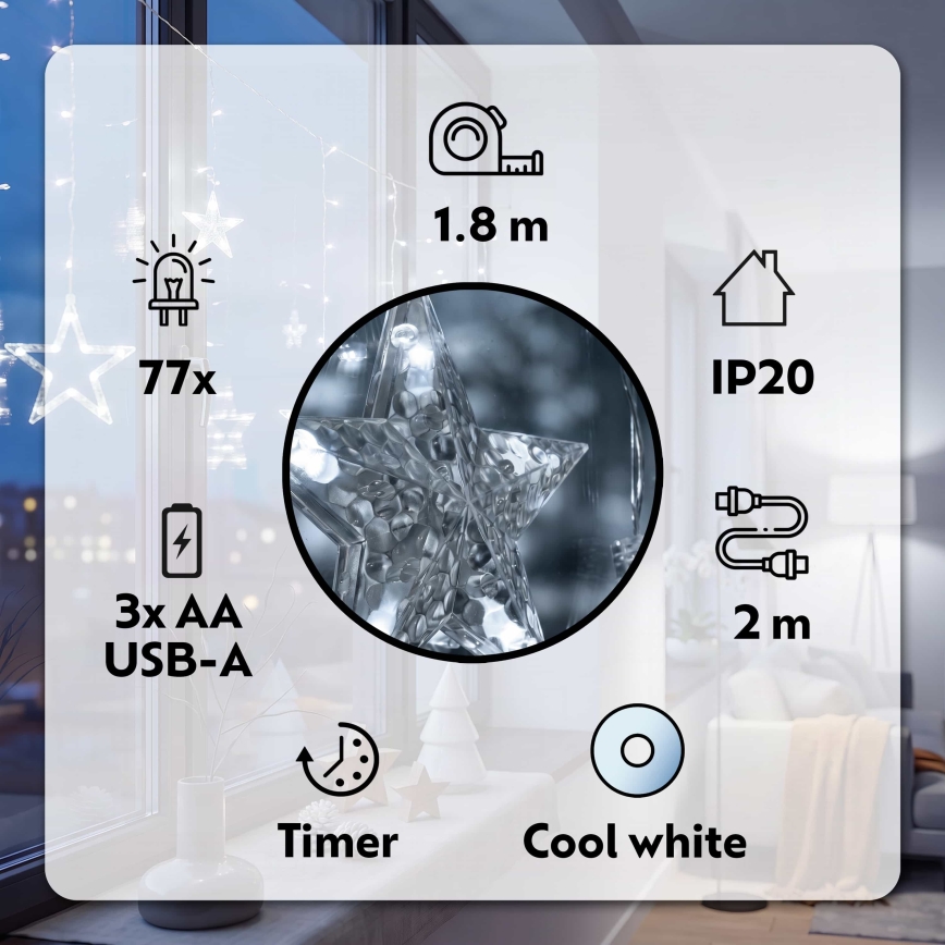 BRILAGI - LED Χριστουγεννιάτικο Κουρτινόφωτο 77xLED/3xAA/USB 1,8μ ψυχρό λευκό