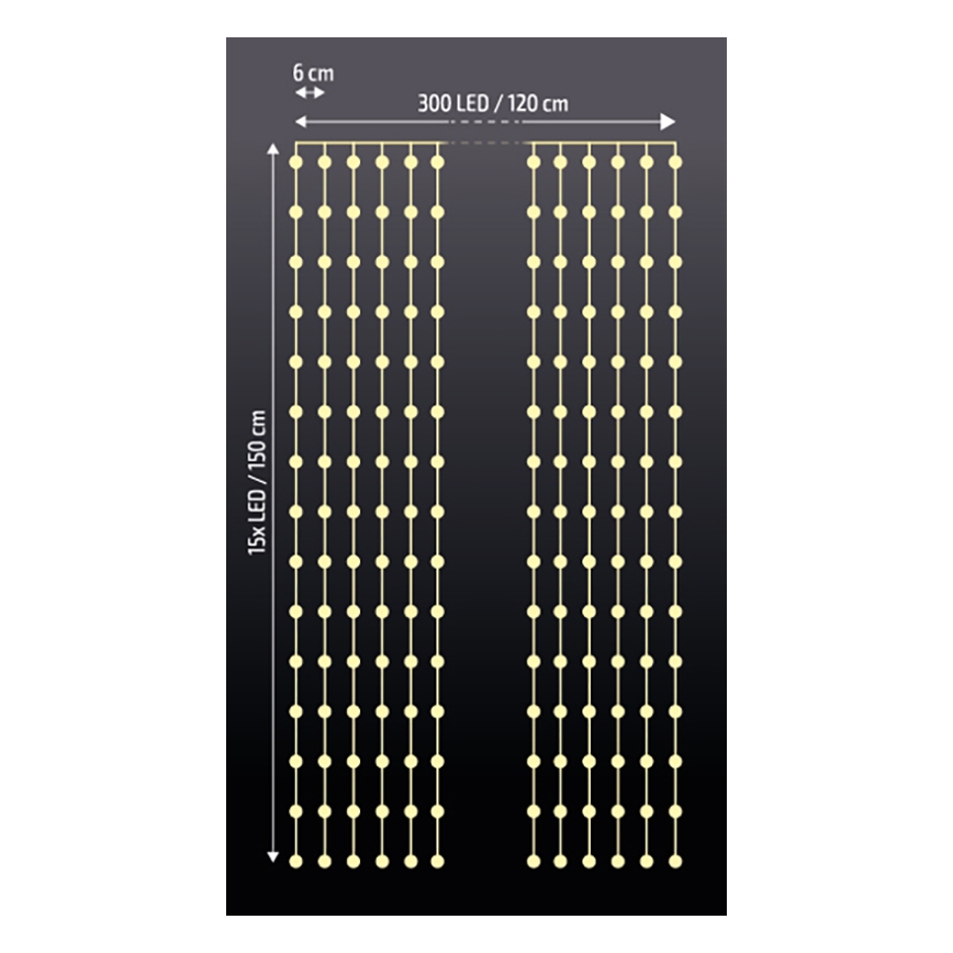 Brilagi - LED Χριστουγεννιάτικο Κουρτίνα 300xLED/8 λειτουργίες/3xAA/USB 1,2μ ζεστό λευκό
